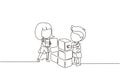 Single one line drawing little boy and girl playing blocks cube toys together. Kids play with toys brick. Educational toys.