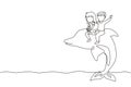 Single one line drawing little boy and girl riding dolphin together. Kids sitting on back dolphin in swimming pool. Children with Royalty Free Stock Photo