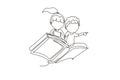 Single one line drawing little boy and girl student or preschooler flying on magic book. Happy kids flying on the book. Knowledge Royalty Free Stock Photo