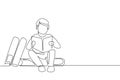 Single one line drawing little boy reading, learning and sitting on big books. Study in library. Smart student, education concept Royalty Free Stock Photo