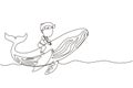 Single one line drawing little boy riding blue whale. Young kid sitting on back of whale. Cheerful child on back of large blue