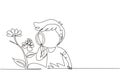 Single one line drawing little boy using magnifying glass and observing butterfly on leaf. Children observing nature. Kids Royalty Free Stock Photo