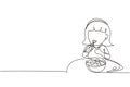 Single one line drawing little girl eating fresh vegetable salad and showing thumb up sign. Child eating salad. Healthy food for