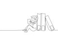 Single one line drawing little girl reading, learning and backrest on big books. Study at home. Smart student, education concept, Royalty Free Stock Photo