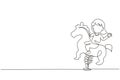 Single one line drawing little girl riding horse ride in park playground. Kids riding toy horse rocking. Happy girl riding horse