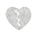 Single one line drawing love shape broken in two. Emoji of heartbreak, broken heart, divorce icon or symbol. Swirl curl style Royalty Free Stock Photo