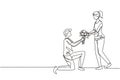 Single one line drawing man on knee making marriage proposal to woman with bouquet. Boy in love giving flowers. Happy couple