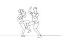 Single one line drawing man woman dancing Lindy hop or Swing together. Male and female characters performing dance at school or