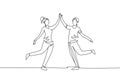 Single one line drawing man and woman performing dance at school, studio, party. Male and female characters dancing tango at