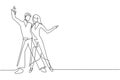 Single one line drawing man and woman professional dancer couple dancing tango, waltz dances on dancing contest dancefloor. Night