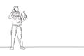 Single one line drawing mechanic stands up with call me gesture and holding wrench to perform maintenance on vehicle engine.