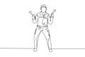 Single one line drawing mechanic stands up with celebrate gesture and holding wrench to perform maintenance vehicle engine.