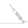 Single one line drawing medical disposable syringe with needle. Applicable for vaccine injection, vaccination illustration.