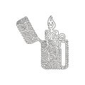 Single one line drawing metal lighter. Fire from lighter. Manual, gas lighter with burning flame in flat style. Swirl curl style Royalty Free Stock Photo