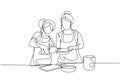 Single one line drawing mother and daughter pour oil into pan which is being held by one of them. Cooking preparation in cozy