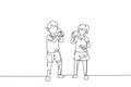 Single one line drawing pair of boys and girls standing while enjoying glass of fresh milk for growth, health and fulfillment of