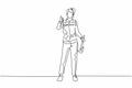 Single one line drawing of plumber woman stands with the gesture of raising his thumb and holding a carpentry tool fixing a broken