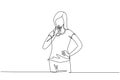 Single one line drawing portrait of cute casual young girl drinking orange juice from plastic cup. Make her refreshing in summer