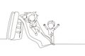 Single one line drawing preschool kids playing together in kindergarten. Little girl sliding down the slide and smiling boy seeing