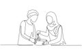 Single one line drawing romantic Arabian couple knead cake dough using manual hand mixer. Enjoying kneading cake dough together at