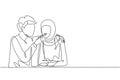 Single one line drawing romantic Arabian man feeds his wife. Happy young couple dinner together at restaurant. Celebrate wedding Royalty Free Stock Photo