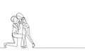Single one line drawing romantic male kneel and kissing female. Couple lovers kissing and holding hands. Happy man and woman