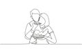 Single one line drawing romantic man feeding wife for breakfast. Celebrate wedding anniversaries and enjoy romantic moment at home