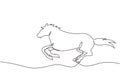 Single one line drawing running horse with long mane. Stallion lowered its head and gallops with legs stretched out. Vector black