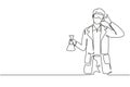 Single one line drawing scientist with call me gesture and holding measuring tube to examining chemical solution to make vaccine.