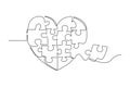 Single one line drawing set puzzle pieces put it together to cute heart shape form symbol. Romantic marriage love relationship