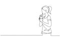 Single one line drawing side view of young adult woman using straw and drinking smoothie juice from plastic cup. Make her Royalty Free Stock Photo