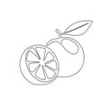 Single one line drawing sliced healthy organic orange for orchard logo identity. Fresh tropical fruitage concept for fruit garden