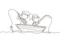 Single one line drawing smiling little boys and girls fishing together on boat. Happy children fishing on boat out in the sea.