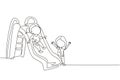 Single one line drawing smiling preschool girl sliding down slide and happy friend seeing her on side of slide. Kids playing