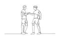 Single one line drawing two football player bring ball and handshaking to show sportsmanship before starting the match. Respect in Royalty Free Stock Photo