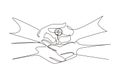 Single one line drawing two hands holding money tree together. Hand of businessman who pours money tree. Concept of earnings, Royalty Free Stock Photo