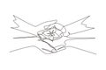 Single one line drawing two hands holding together young of a tree. Hands kids team work protecting and reduce global warming Royalty Free Stock Photo