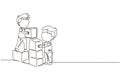 Single one line drawing two little boys playing blocks toys together. Educational toys. Children playing designer cubes,