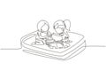 Single one line drawing two little girl playing and making sandcastle in sandbox. Outdoor game in kindergarten. Place for children