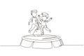 Single one line drawing two smiling boys jumping on trampoline together. Happy kids jumping on round trampoline. Active children Royalty Free Stock Photo