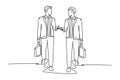 Single one line drawing two young company business men take walk and talk together after company meeting. Business conversation