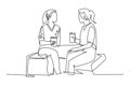 Single one line drawing two young cute female worker have casual chat over drink coffee during office break. Having small talk at Royalty Free Stock Photo