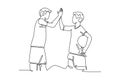 Single one line drawing two young happy man playing basket ball on outfield court and giving high five gesture. Healthy sport