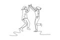 Single one line drawing two young happy women jumping and giving high five gesture to celebrate business successful. Enjoy Royalty Free Stock Photo