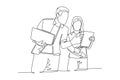 Single one line drawing two young male and female workers watching stock movements on laptop together at the office. Stockbroker Royalty Free Stock Photo