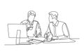 Single one line drawing two young men sitting over a cup of coffee and talking about work plans in the office. Success lifestyle Royalty Free Stock Photo