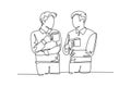 Single one line drawing two young successful male workers have a casual chat over drink coffee during office break. Rest break at Royalty Free Stock Photo