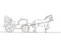 Single one line drawing vintage transportation, horse pulling carriage. Old carriage with a horse, a horse pulls a carriage behind