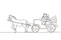 Single one line drawing wedding Arab couple trying kiss each other. Just married. Happiness bride and groom sitting in carriage