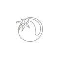 Single one line drawing whole healthy organic tomato for farming logo identity. Fresh tropical vegetable concept for vegie garden